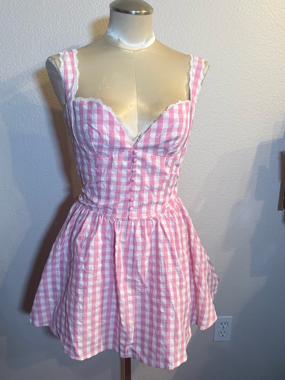 NWOT Unique Vintage Pink Gingham Lace Trim Mini Dress Size XL - Picture 5 of 16
